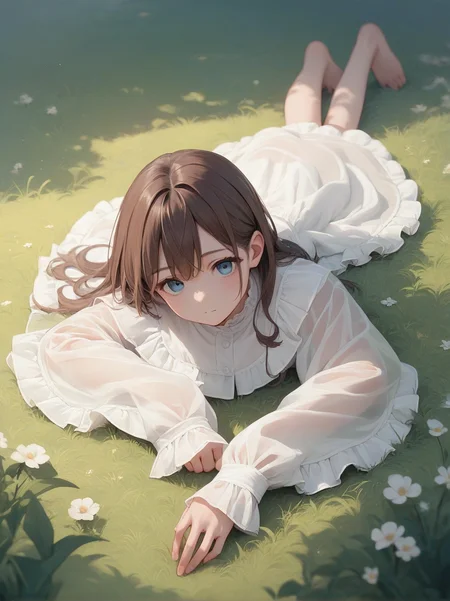 score_9, score_8_up, score_7_up, score_6_up, source_anime, <lora:cutesy_dress_v0.2-pony:1> 
1girl, brown hair, blue eyes, 
white dress, frilled dress, sleeves past wrists, see-through,
lying, on stomach, grass, looking at viewer,