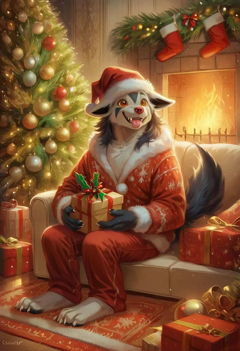 Expressiveh, TrailH,, score_9, score_8_up, score_7_up ,score_6_up, ,(anthro  lean body,),male,  masterpiece,male,(best quality:1.1), ultra-detailed, high resolution, 8k,detail face, detail eyes,high quality, high detail, best quality ,detailed background,sit, sitting,on all fours, one ear down,sitting in the sofa,solo,1 boy, dynamic, immersive, intricate , red suit,red pants, santa hat, santa clothes), high quality, high detail, best quality, 1boy, cute feral,feral, cute face,details,, Canine body, full Canine body, feral, beast,pokémon,<lora:POKEMON_MIGHTYENA:1>Mightyena, pokemon,pokemon /(creature/),teeth fangs, furry, anthro, fluffy, fur , fluffy fur , fluffy mane , buff fur, masive fur,,maned  ears,Happy, tongue out,carries a branch of mistletoe,ChristmasDecorativeStyle,ChristmasQuiron style,<lora:S1_Dramatic_Lighting_v2:0.3>, anthro, no humans, furry, vibrant, ((full body)), zPDXL, OverallDetail, masterpiece, 8k, (highres:1.3), concept art, digital art, realistic, 1boy, male, (highres:1.3), (detailed background, Christmas room, Christmas tree,sofa, chimney,lit fireplace,Christmas decorations on the walls), concept art, digital art, realistic,, dutch angle, extreme wide shot,