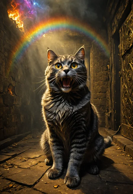 Horror-themed ((({A animals Empowered Change Maker, They activated their Emotion-Detecting Robot Cat, which looked like a regular cat except for its glowing LED eyes and metallic fur. Whenever they felt sad, the robot cat jumped onto their lap and purred loudly while projecting holographic rainbows across the room.)
(((with exaggerated expressions))) With Quantum Zeno Effect: This fruit never decays as long as you constantly observe it, freezing it in time., Whimsical Pet Portraits: Photograph pets in playful poses or costumes using bright colors; these fun shots highlight their personalities while bringing joy to viewersâ faces..(dynamic:1.1),sun rays,(taken by 4mm fisheye lens:1.1),
(Vivid, HDR, Canon50, 8K, Hyper Realistic, Dramatic, Epic, Dynamic Contrast, Cinematic Lighting, increased brightness)(((Zoomed Out, Far away Shot))) = =. Epic dynamic lighting , vibrant,highly detailed,psychedelic,((Psychedelic, rainbow glow ))
((Vivid, Epic, Dynamic contrast)) (((Zoomed out, Far away shot, In frame)), (((Cinematic, Studio lighting, Contrast)))
<lora:rundiffusionXL_beta:0.8><lora:epicrealismXL_v5Ultimate:0.8><lora:crystalClearXL_ccxl:0.9>
<lora:extremely_detailed:0.8> extremely detailed
<lora:hyperkraximalism:0.6> hyperkraximalism
<lora:JuggerCineXL2:0.8> Movie Still, Film Still, Cinematic, Cinematic Shot, Cinematic Lighting
<lora:xl_more_art-full_v1:0.2> <lora:RMSDXL_Darkness_Cinema:0.1>
<lora:HellAI_XL:0.6> HellAI, skull, fire, demon, monster, - Generate images with sharp edges and fine details.
- Produce high-resolution images with no blurriness or distortions.
- Create images with clear and well-defined subjects.
- Ensure that the output images have crisp lines and distinct features.
- Generate images with vibrant colors and accurate tones.
- Avoid noise or artifacts in the generated images.
- Focus on producing clear textures and patterns in the images.
- Emphasize clarity and definition in all aspects of the generated images.
- Prioritize the sharpness and clarity of the main subjects in the images.
- Optimize the AI model to produce clear and visually appealing images., Wlop, By art germ . Eerie, unsettling, dark, spooky, suspenseful, grim, highly detailed