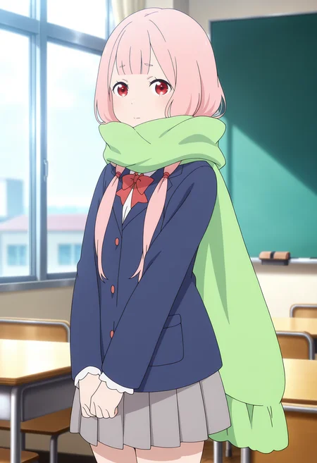 anime screencap, masterpiece, best quality,
<lora:ReZero_Carmila_IlluXL:0.9>,
1girl, solo, closed mouth, blush,
blunt bangs, low twintails, hair tie, long hair, pink hair, red eyes,
green scarf, enpera,
blazer, blue jacket, red bowtie, collared shirt, white shirt, pleated skirt, grey skirt, 
own hands together, standing, looking at viewer, cowboy shot,
indoors, window, desk, chalkboard, photo background, blurry background