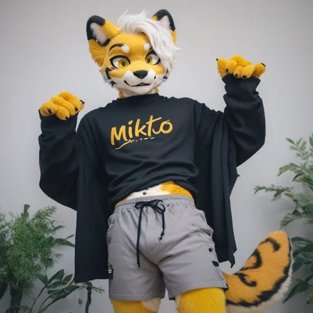 score_9, score_8_up, score_7_up, score_6_up, furry, mikus-sona, fursuit, furry focus, furry style, furry costume, anthropomorphic, anthro, Ocelot in a black sweater and gray shorts, Boy, White-Hair++, 1boy, solo, dark yellow eyes, Tail tip Black 1boy, boy, Black-ears