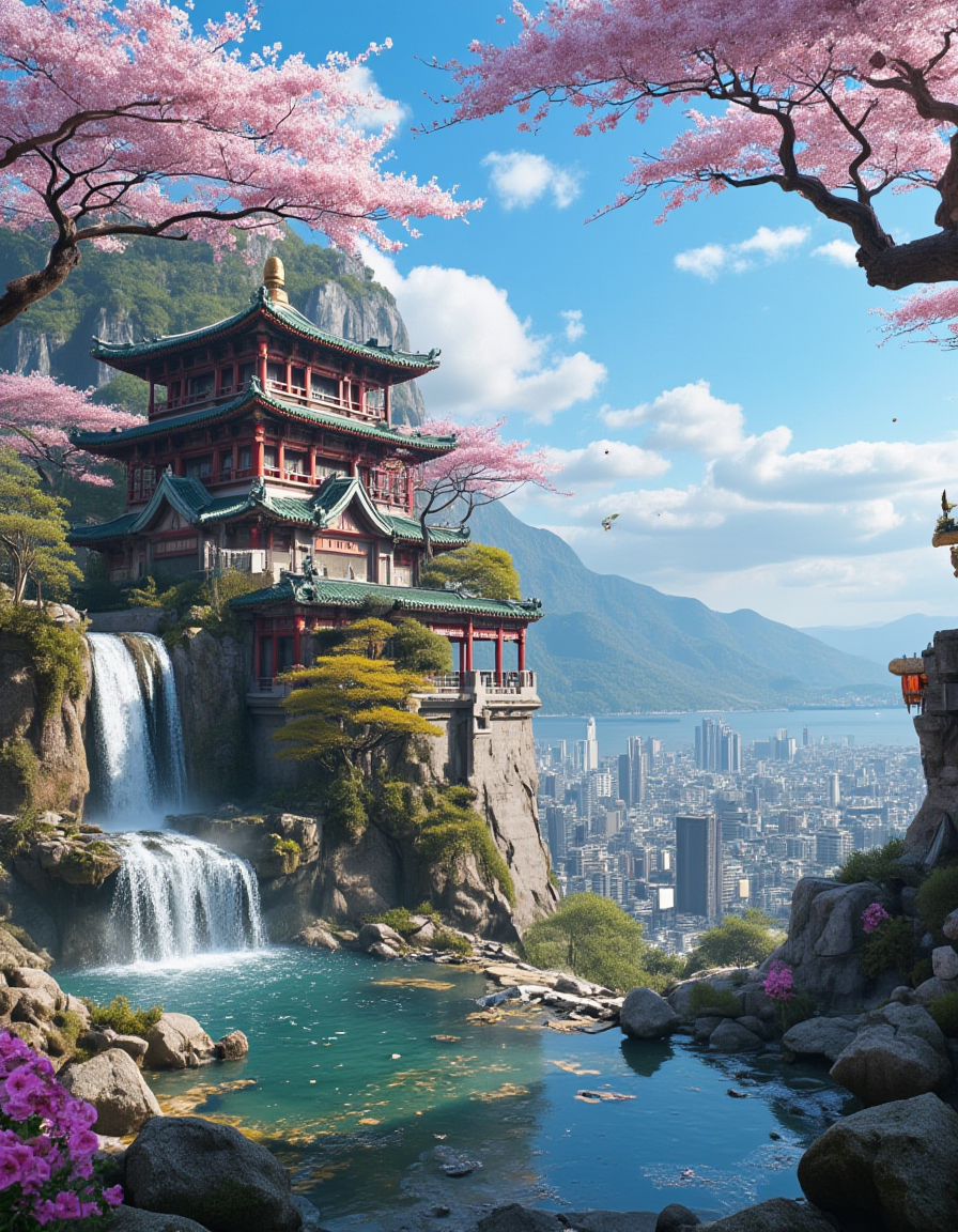 <lora:City_Worlds_02__Lost_-_Temple:1> cw02lost, a forgotten, asian old temple city on a mountain, waterfall, lanterns, pond, cherry blossom, sunny day, blue sky, clouds, sun shades, traditional city ââspread over several mountains, poetic, twisted tree, islanjds, sea, reflections, depth of view, warm colors,