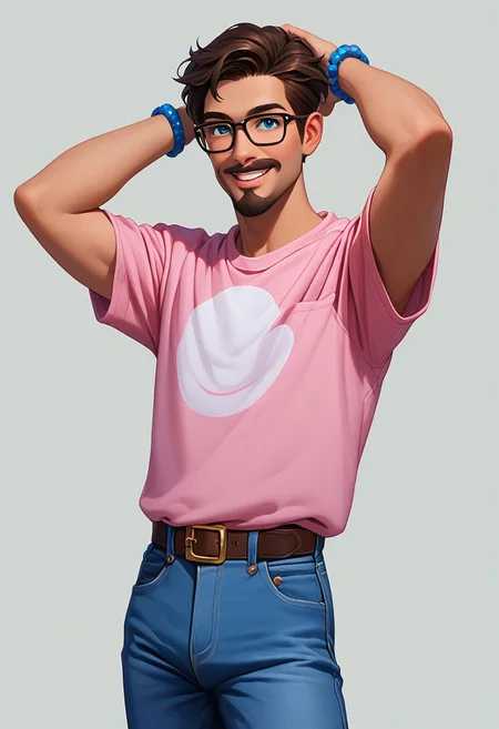 score_9, score_8_up, score_7_up, mgas, masterpiece, best quality, detailed eyes, detailed face, perfect eyes, high detailed, absurdres, highres, casual game art, mobile game art, merge 3 game art, character design, BREAK 1boy, man, mature, solo, brown short hair, beard and mustache, square glasses in a black frame, blue eyes, smile, teeth, pink T-shirt with a dark film camera pattern, blue jeans, phone peeking out of the right pocket, blue bracelet on the left hand, BREAK ((arms raised above shoulders)), ((he adjusts his hair with his hands)), standing, cowboy shot, looking to the left, BREAK simple background, gray background