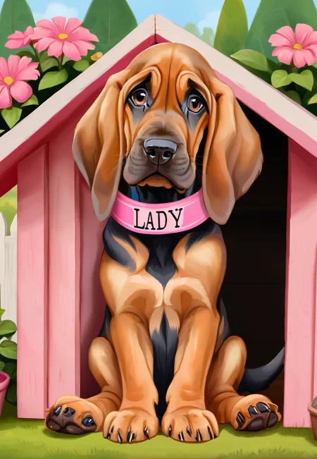 <lora:CuteCombine1:1> VCuteStyle, a bloodhound puppy, adorable, high quality, laying in a doghouse with a sign that says LADY, pink collar, beautiful backyard