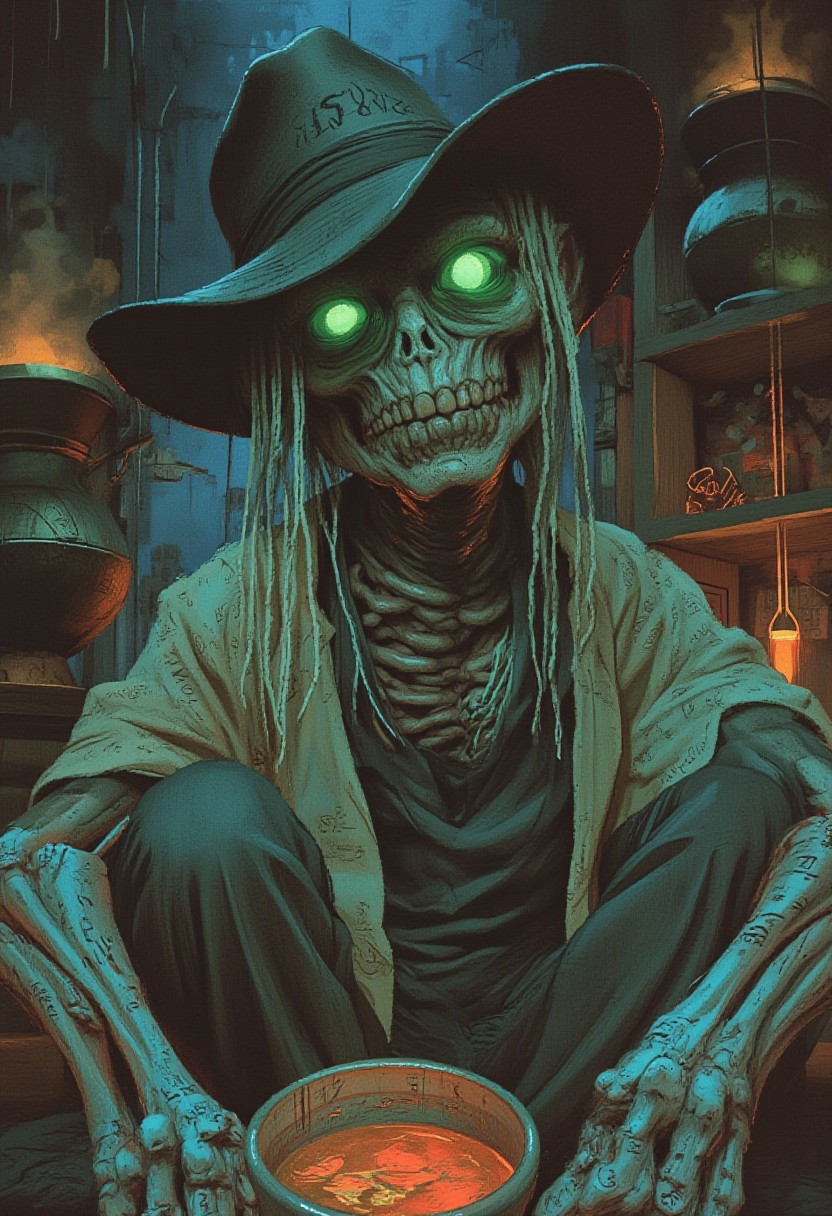 comic art by Mike Allred, 
A close-up of The Stitcher, the grotesque creature made of stitched-together parts. His glowing green eyes peer out from beneath a wide-brimmed hat, and his body, sewn from mismatched limbs and bones, is covered in glowing runes. Behind him, his twisted workshop is filled with strange machines and bubbling cauldrons, casting eerie shadows and a neon glow., 
In the style of grainy 80s VHS dark fantasy horror, vintage Halloween, autumn harvest tones, occult mysticism, gritty animatronics, with Sean Äaberg's psychedelic grotesque flair, evoking eerie, grainy VHS footage
art by torikun, SentinelBot, OBxiaoxiang
