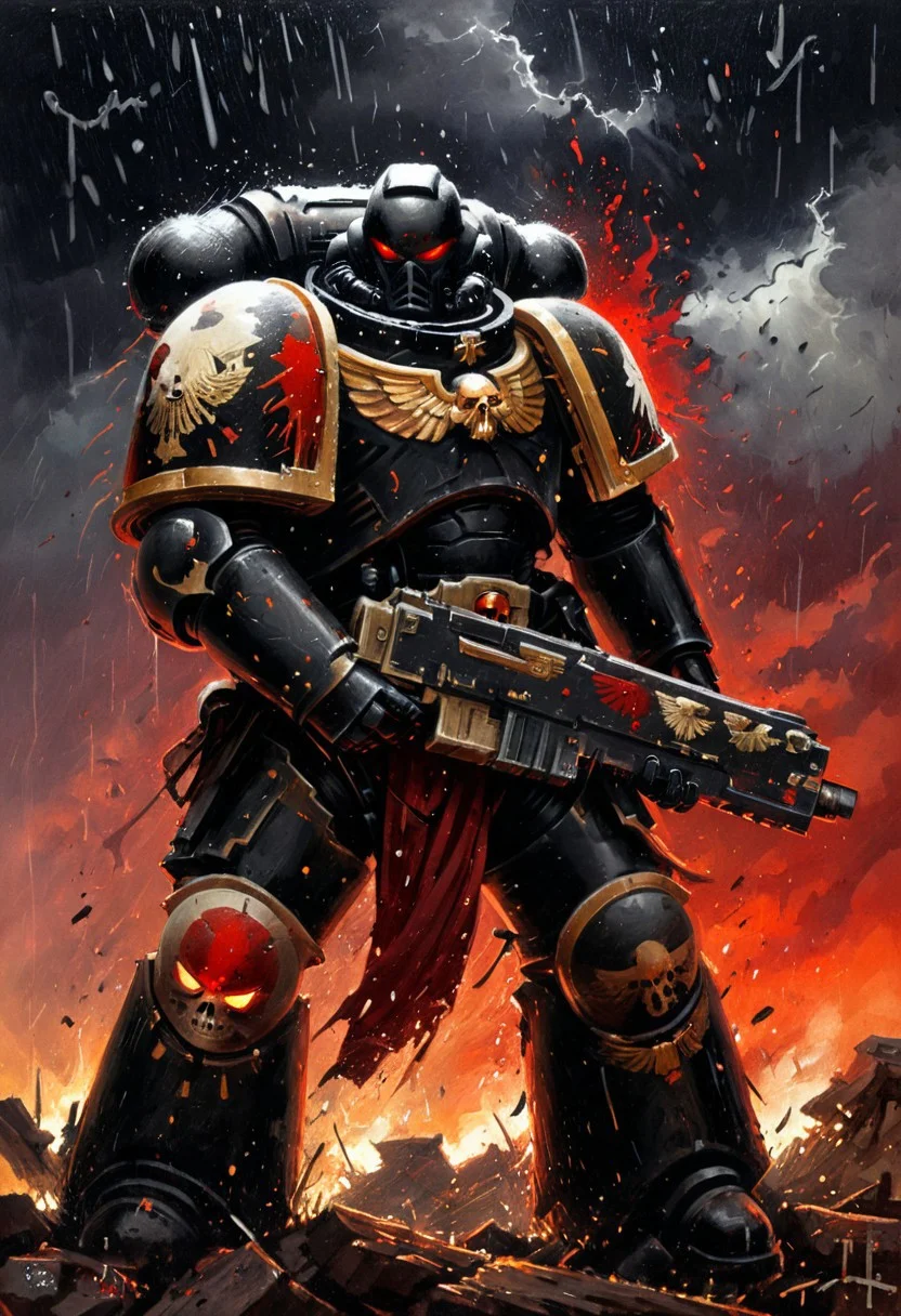 Space Marine proportions, Spacemarine wearing black and red armor holding bolter, glowing red eyes, atmospheric scene, rain, stormy background, warhammer style (Space marine in the style of Frank Frazetta painting, Warhammer 40k, white armor) Dean Cornwell, design, 1970s, Russian Constructivist style, double exposure, volumetric lighting, expressive, ancient starchart, ink spattered background, warm colors, space, art deco, splatter, Japanese Woodblock print, planar rectilinear shapes, extreme energy, dynamic posing, Dutch angle, black, Crimson<lora:xl_more_art-full_v1:0.3>