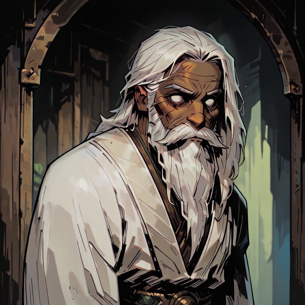 masterpiece, best quality, newest, absurdres, highres, TTCSV1.0, 
1boy, dark skin, dark skinned male, white hair, long beard, long hair, monk, white robe, white eyes, blind eyes, wrinkles, wrinkled face, wrinkled, wrikly, old, mature, old man