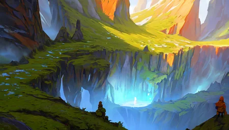Conceptart,Concept Art,SamWho,mksks style, green moss, species, overlooking chasm, volcano