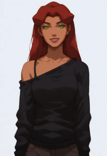 safe_pos, score_9, score_8_up, score_7_up, score_6_up,1girl, gotonai starfire casual, orange skin, (green eyes), medium breasts, (red hair), (long hair), bangs, sweater, pants, (off shoulder), off-shoulder sweater, (bra strap),,cowboy shot, looking at viewer, simple background, white background,standing,smile,
