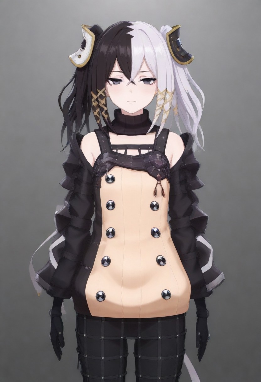 masterpiece, best quality, amazing quality,,, shiny skin,,,,,,<lora:Zesshi_Zetsumei:1> Z3ssh1Z3ts0m31, white hair, multicolored hair, black hair, long hair, two-tone hair, black eyes, gloves, jewelry, black gloves, hair ornament, skirt, pantyhose, ribbon,