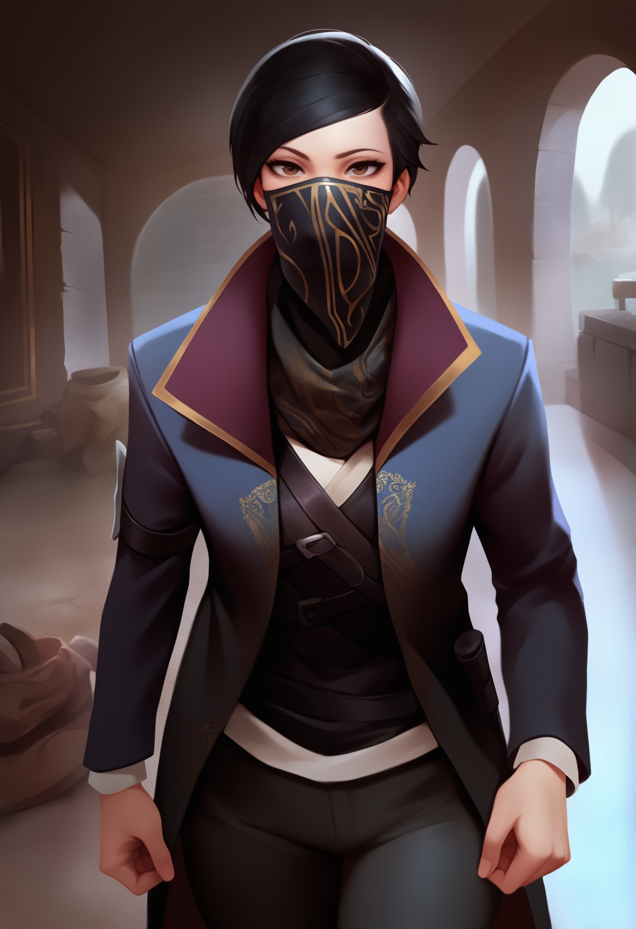 best quality, amazing quality, very aesthetic, absurdres,
1girl, ekaldwin, brown eyes, black short hair,
mask, jacket, scarf, pants,
solo, looking at viewer, indoors, medieval room background,    <lora:EmilyKaldwinNoobXL_byKonan:1>
