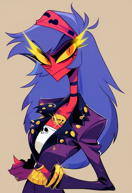 HCSV1,
1man, solo, portrait, bandana, smile, smirk, gold ring, collarbone, blue hair, red skin, colored skin, long hair, orange eyes, closed mouth, medium breasts, gradient background, dollar skull shirt, purple highlight, looking at viewer, fish monster, leather jacket