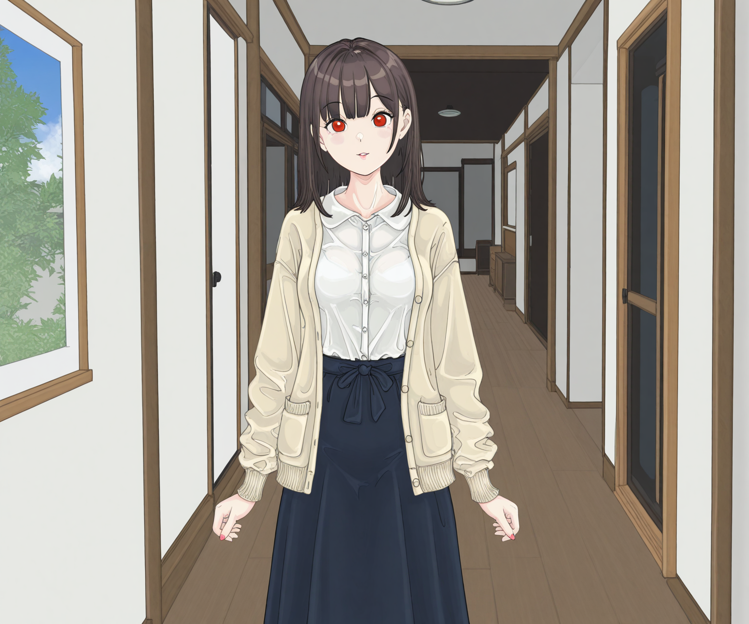masterpiece, best quality, amazing quality, sfw, 1girl, solo,  looking at viewer,  medium hair, shirt, cardigan, long skirt, detailed background    <lora:Bunr18 style ILL:1> bunr18_style