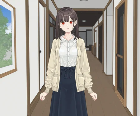masterpiece, best quality, amazing quality, sfw, 1girl, solo,  looking at viewer,  medium hair, shirt, cardigan, long skirt, detailed background    <lora:Bunr18 style ILL:1> bunr18_style