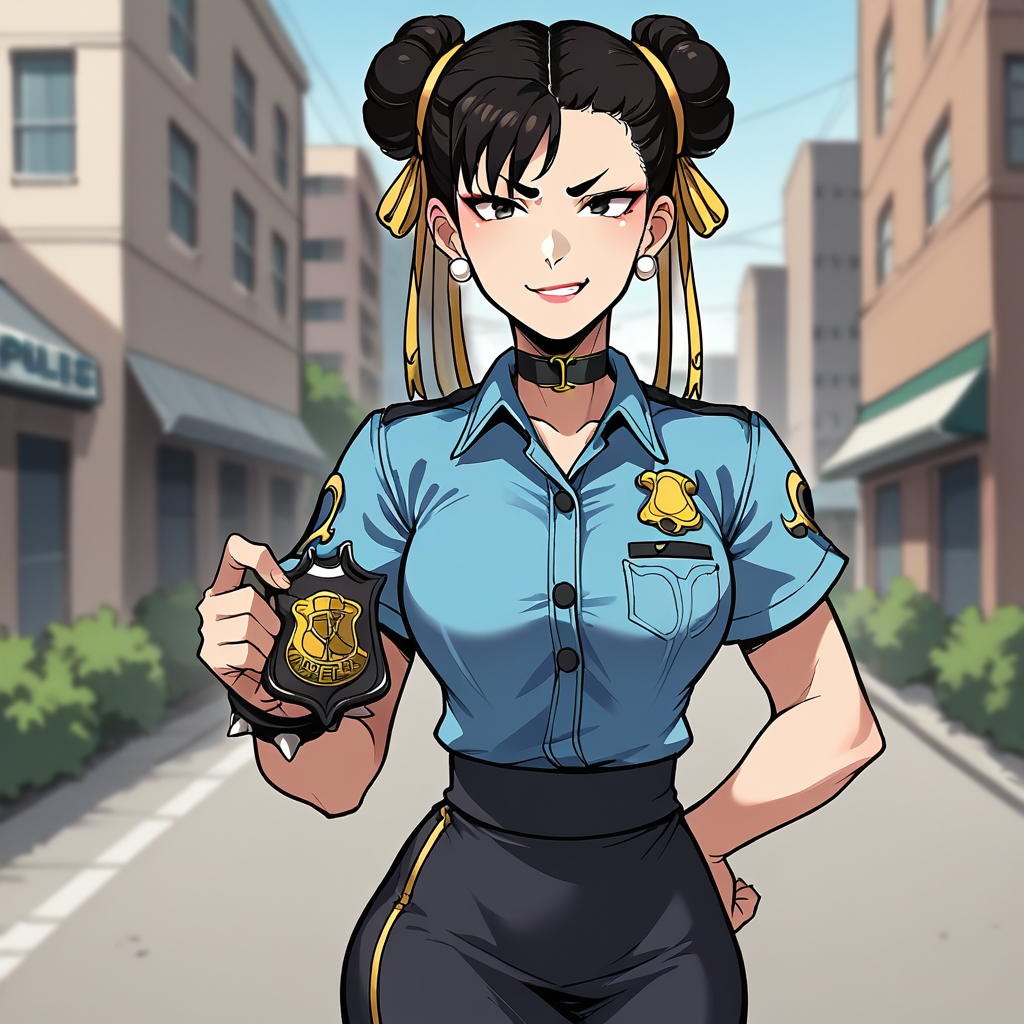 score_9, score_8_up, score_7_up, score_6_up, score_5_up, score_4_up, zPDXL2,source_anime,rating_questionable, 1girl,outdoors, chun-li, outdoors, daytime, urban, blue shirt, black tie, pencil skirt, policewoman, looking at viewer, smirk, <lora:Police_Badge:0.8>  b4dg3, holding wallet ID, holding police badge