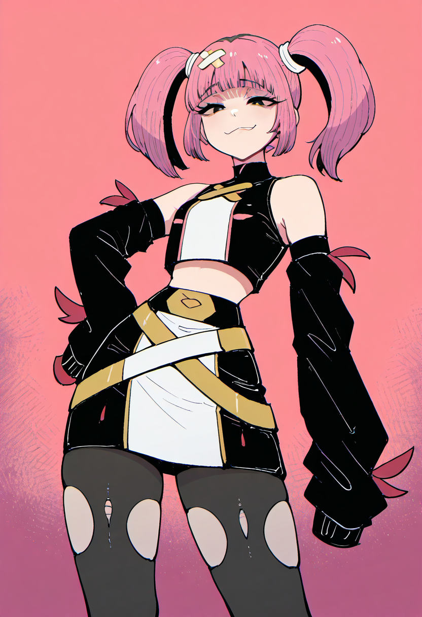 masterpiece, best quality, 1girl, solo,   zzSango2, black eyes, pink hair, twintails, blunt bangs, hair ornament,  detached sleeves, belt, bare shoulders, skirt, sleeves past wrists, torn clothes, black pantyhose, torn pantyhose,  narrow waist, wide hips, hand on hip, smug, from below, looking down,    ,<lora:SangoTimeSkipPokemon_IXL:1.0>,