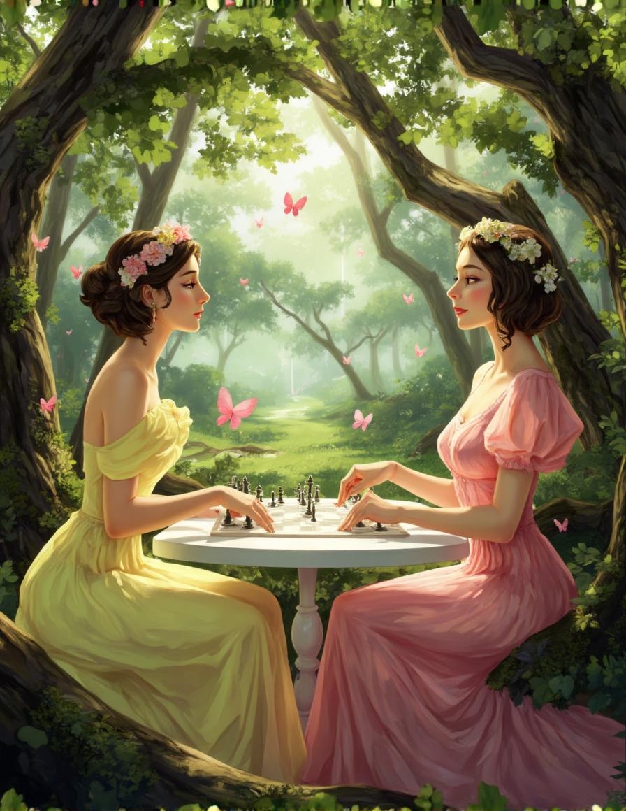 <lora:ck-LttleGhost-000011.safetensors:1> in the style of ck-lttlegh0stTwo adult women in flowy pastel-yellow and pink dresses, adorned with flower crowns, play chess amidst ancient, gnarled trees and lush greenery. Pink butterflies dance around them. Soft light filters through the foliage, casting an ethereal glow over the tranquil scene.