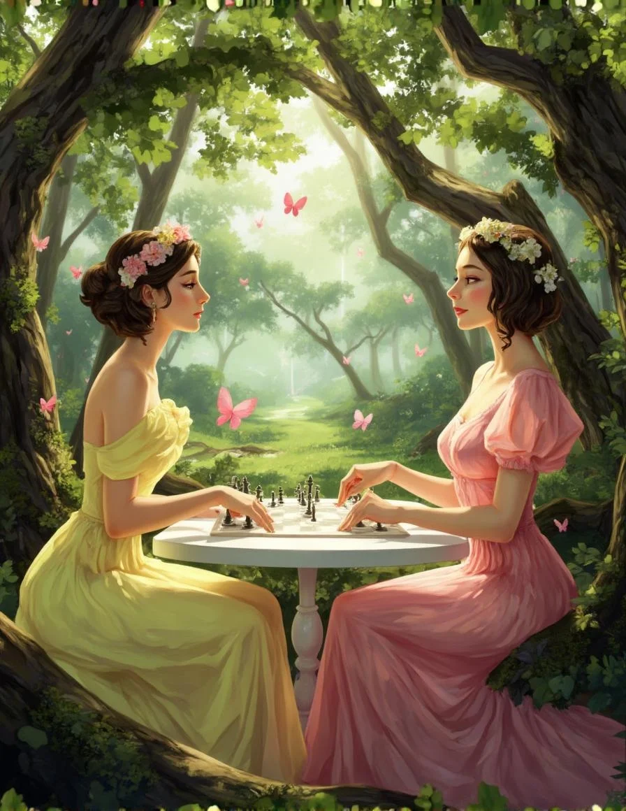 <lora:ck-LttleGhost-000011.safetensors:1> in the style of ck-lttlegh0stTwo adult women in flowy pastel-yellow and pink dresses, adorned with flower crowns, play chess amidst ancient, gnarled trees and lush greenery. Pink butterflies dance around them. Soft light filters through the foliage, casting an ethereal glow over the tranquil scene.