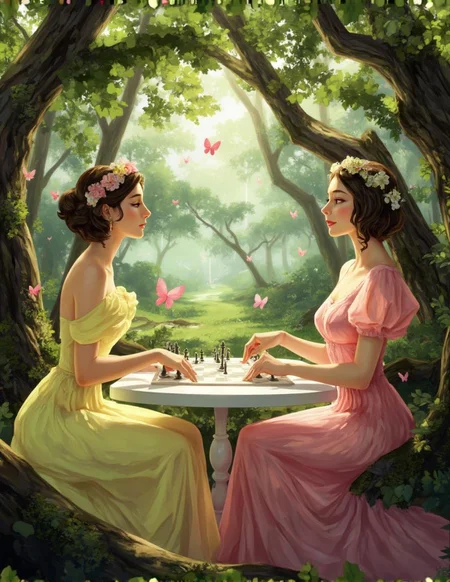 <lora:ck-LttleGhost-000011.safetensors:1> in the style of ck-lttlegh0stTwo adult women in flowy pastel-yellow and pink dresses, adorned with flower crowns, play chess amidst ancient, gnarled trees and lush greenery. Pink butterflies dance around them. Soft light filters through the foliage, casting an ethereal glow over the tranquil scene.
