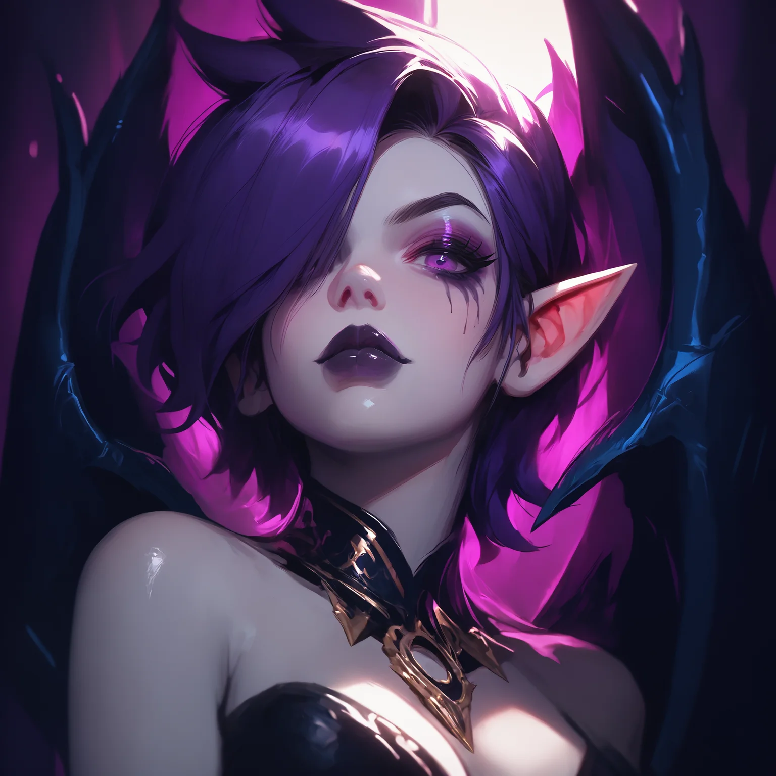 score_9, score_8_up, score_7_up, score_6_up, source_anime, seductive, hd, best quality, highres, extremely detailed, detailed skin, Perfect face, Beautiful eyes, zPDXL, (embedding:zPDXL:1.0), eyedetailpxl, (embedding:eyedetailpxl:0.8), 1girl, solo, morgana, dark purple hair, hair over one eye, short hair, purple eyes, eyelash, makeup, eyeliner, mascara, pointy ears, color skin, (grey skin:1.3), black lips, bare shoulders, looking at viewer, closed mouth, collarbone, cleavage, portrait, cowboy shot, low angle, from below, glowing purple eyes, purple theme, dark background  <lora:g0th1cPXL:0.6>  <lora:MorganaXL:1> <lora:sinfully_stylish_SDKL:0.6> <lora:Pony_DetailV2.0:0.1>  <lora:EnvyPonySeductress01a:0.9>