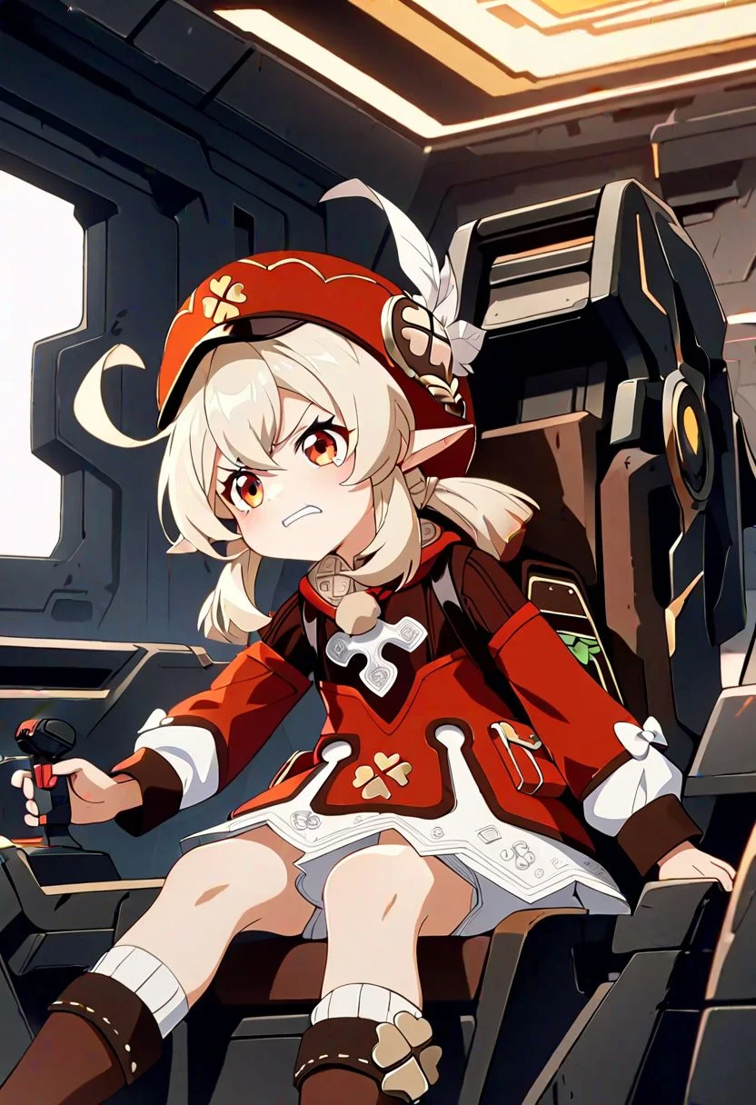 1girl, solo, klee_\(genshin_impact\), bangs, hat_bow, orange_eyes, light_brown_hair, ahoge,low_twintails, hair_between_eyes, ,pointy_ears, ribbon, angry face,gundamwingcockpit, joystick,seatbelt,sitting, masterpiece, best quality, ultra detailed, highres,4k,(ultra-detailed:1.4) (illustration:0.5), (ray tracing,:0.8),(anime colored:0.7),(ai-generated:0.5),