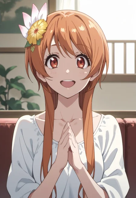 score_9, score_8_up, score_7_up, source_anime, tachibana marika, orange hair, red eyes, long hair, 1girl, solo, hair ornament, hair flower, open mouth, flower, smile, looking at viewer, own hands together, collarbone, upper body