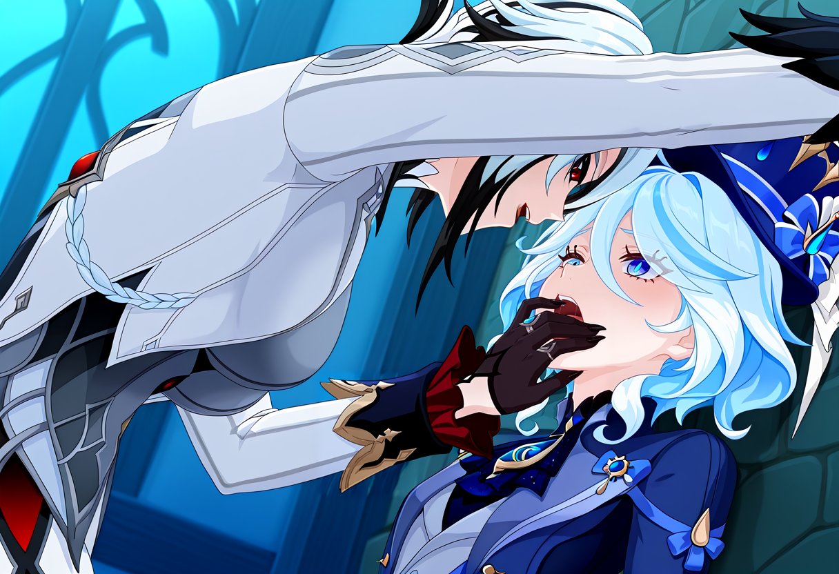 masterpiece, high quality, best quality, ttsaicywmb, 
1girl, arlecchino \(genshin impact\), hand on another's mouth, outstretched arm, open mouth, kabedon, 1girl, furina \(genshin impact\), 
<lora:Try_to_scream_and_Ill_choke_you_with_my_breasts-000009:0.8>,