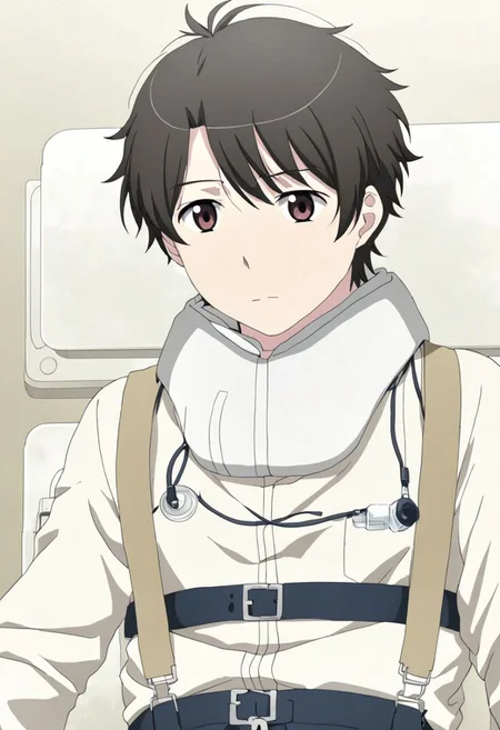 high resolution, solo, best quality, 1Boy, Inaho Kaizuka, Black Hair, Brown Eyes, sick, bandage, helpless, patient, hospital, infusion, OverallDetail