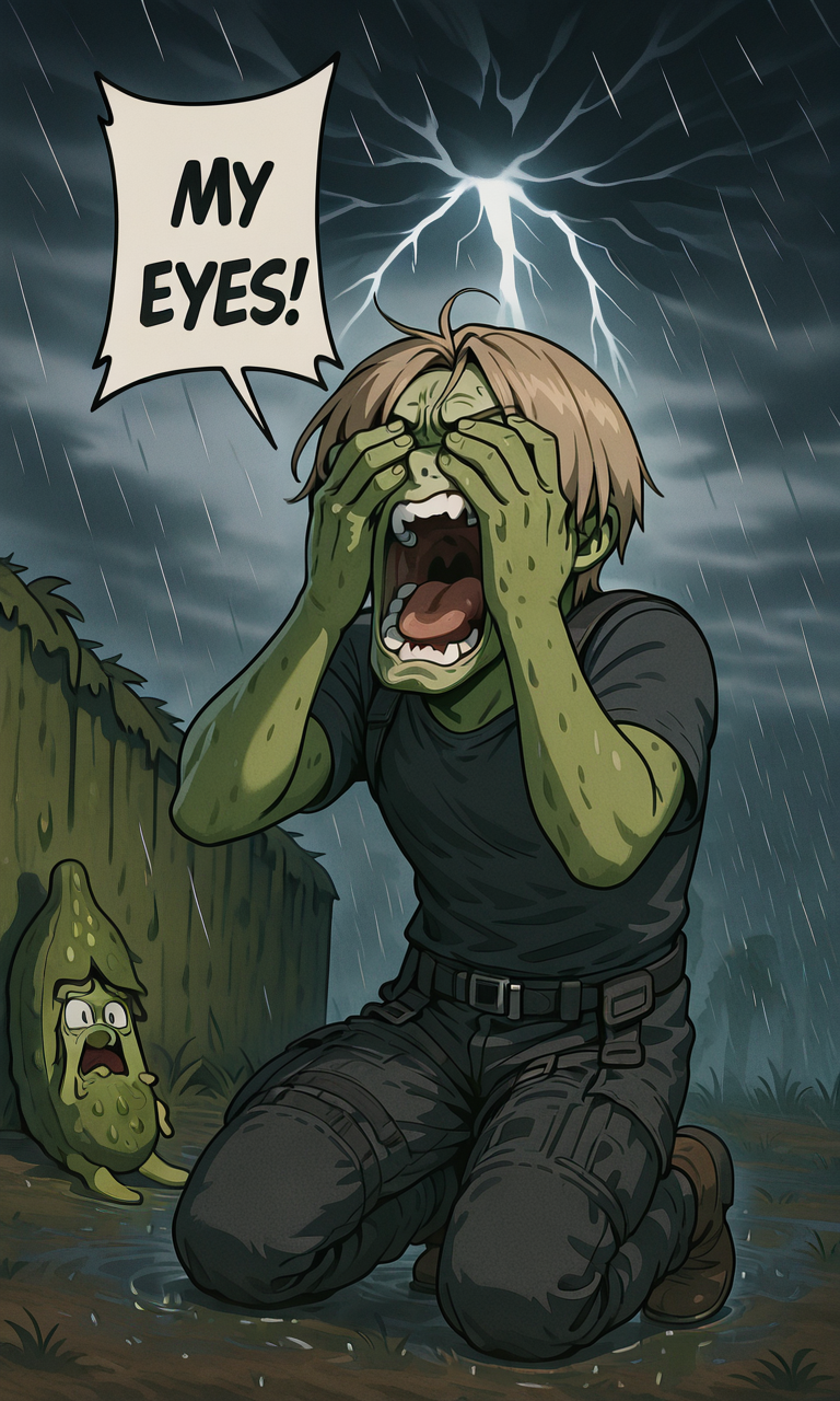 embedding:IllusP0s, MY EYES!, speech bubble, covering own eyes, pickle rickalized, green skin, screaming, kneeling, leon kennedy, 1boy, solo, contrast lighting, outdoors, arms by side, thunderstorm, raining,<lora:Pickle Rickalized_illustrious.safetensors:1:1> <lora:MY EYES_illustrious.safetensors:1.05:1.05>