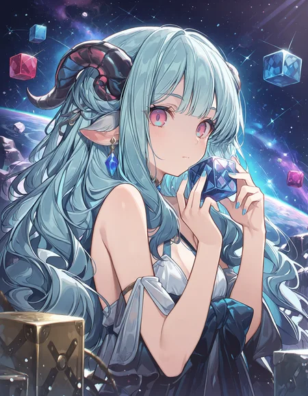 masterpiece, best quality, newest, highres, absurdres, <lora:Yak4n2gou_illu:1>,Yakan2g0u_illu, 1girl, solo, long hair, horns, upper body, blue hair, cube, pink eyes, bare shoulders, blue nails, hands up, bangs, closed mouth, multicolored eyes, looking at viewer, nail polish, crystal, space, gem, aqua hair