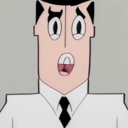 looking at viewer, open mouth, male focus, white shirt, short hair, pants, necktie, shirt, black pants