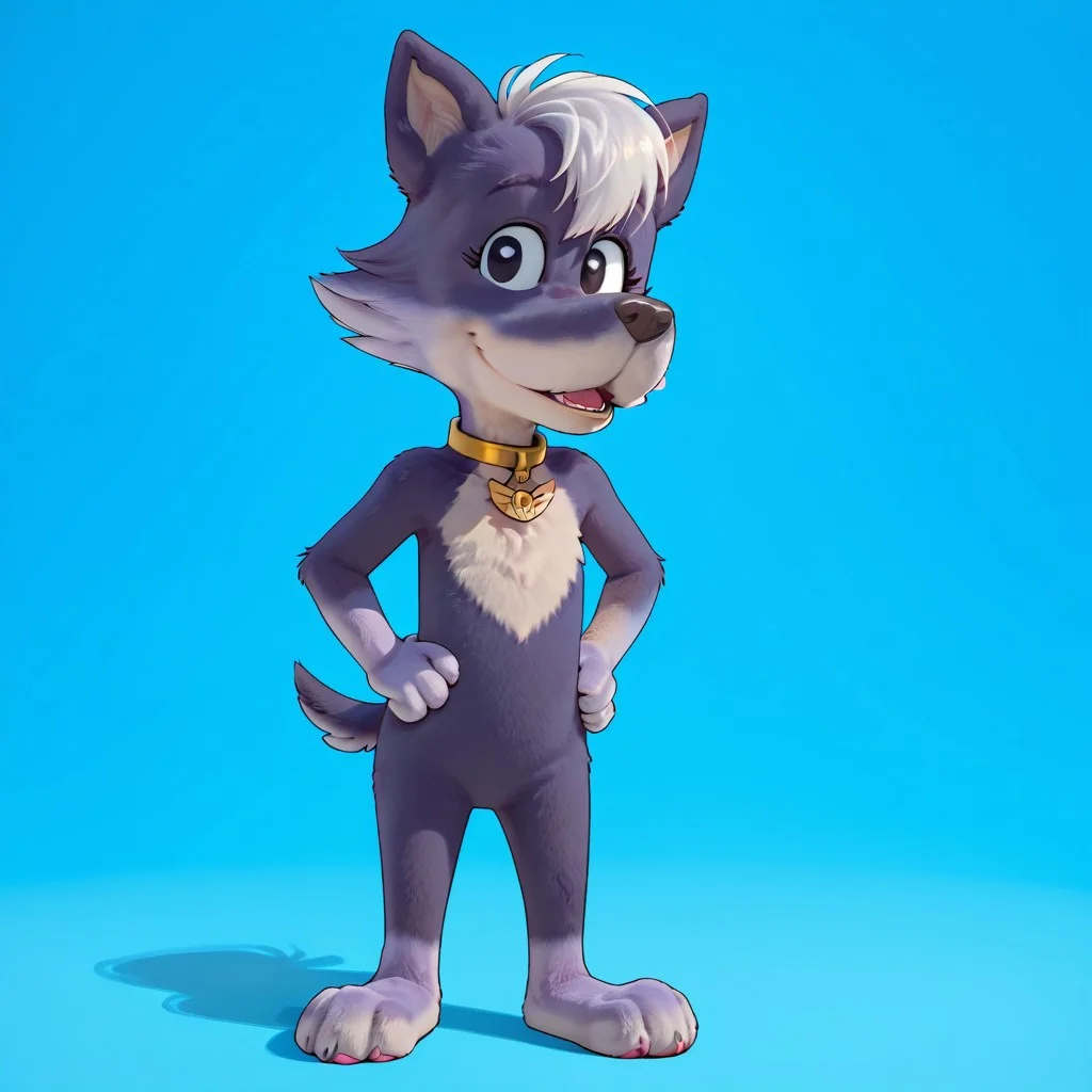 score_9, score_8_up, score_8, score_7, source_cartoon, Wind_Swiftly, solo, 1girl, anthro, female furry, dog, dog girl, purple and white fur, white hair, bangs, thin tail, black nose, black eyes, white chest fur, gold collar, gold tag, full body, looking at viewer, standing, sassy pose, smile, hands on hips, blue background,