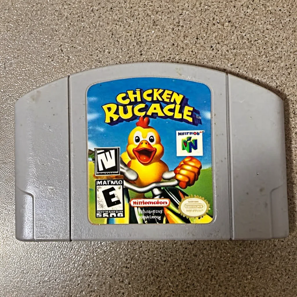 <lora:n64-000002:1> n64 game, cartridge, titled, chicken riding a bicycle