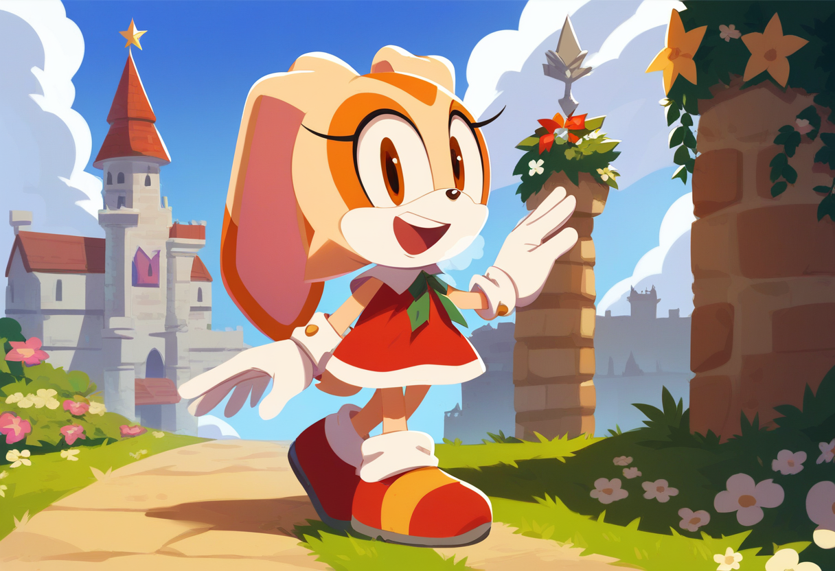 <lora:sonicchannelv22-15:0.9>, score_9,score_8_up,score_7_up, solo, 1girl, pose, <lora:Cream The Rabbit PONYXL:0.7>, Cream The Rabbit , rabbit girl, rabbit ears, (rabbit tail), santa hat,  (santa costume), smile, open mouth, upper teeth only,  sonic channel (style), castle, tower, outdoors, sun shine,  grass, bush, flower, beige fur, happy, white gloves, full body, heavy breathing, smile, orange eyes, barefoot, heavy breathing, red footwear, walking, road,