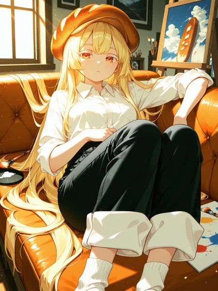 <lora:CR_BPC:1> CR_BPC, 1girl, very long hair, bread cabbie hat, collared shirt, sleeves rolled up, black pants, <lora:cfg_scale_boost:0.5> <lora:spo_sdxl_10ep_4k-data_lora_webui:0.4> white eyelashes, [[lazypos]] <lora:omoyunakyu715-_style_Illustrious:0.6> omoyu_nakyu715 <lora:retrocute:0.6>, indoors, lying, hair flowing over, on back, unworn headwear, canvas \(object\), painting \(object\), relaxing, paint splatter, paintbrush, knees up, looking at viewer, on couch, window, pants rolled up, socks, sunlight,