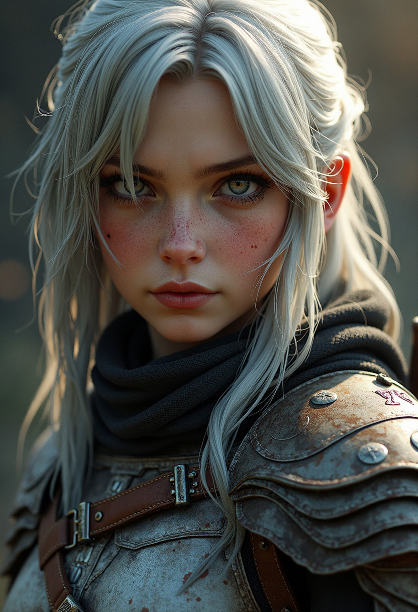A close-up photorealistic portrait of Ciri in her full armor. Completely lifelike.