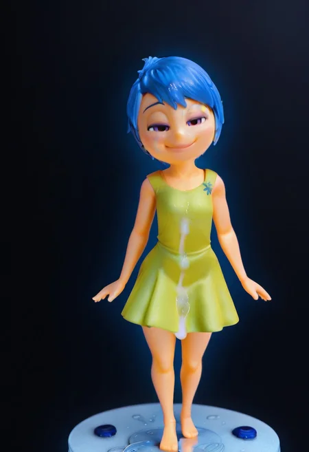 solo, erofigure_bukkake, figma, figure, pvc,plastic , natural light, full body, 3d,realistic,huge desk, size difference, black background, JoyEmotion, blue hair, green dress, smile