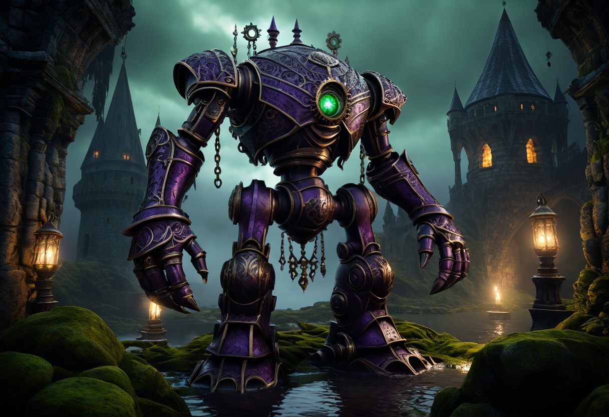 giant bipedal robot dirty dark purple and dark green, bronze paisley robot. lacy robot metal banded head. outside of a steampunk keep. large detailed torso. dark image. one forty foot tall ancient robot with great arms and two heavy spring legs. dark foggy night background. $dark foggy night image only. dark photo realistic image. steampunk details. cogs, chains and pipes incorporated in the fantasy buildings. magic wizards tower in background. Dark swamp, moss, castle ruins, wizards tower. stormy dark night.  stormy sky.