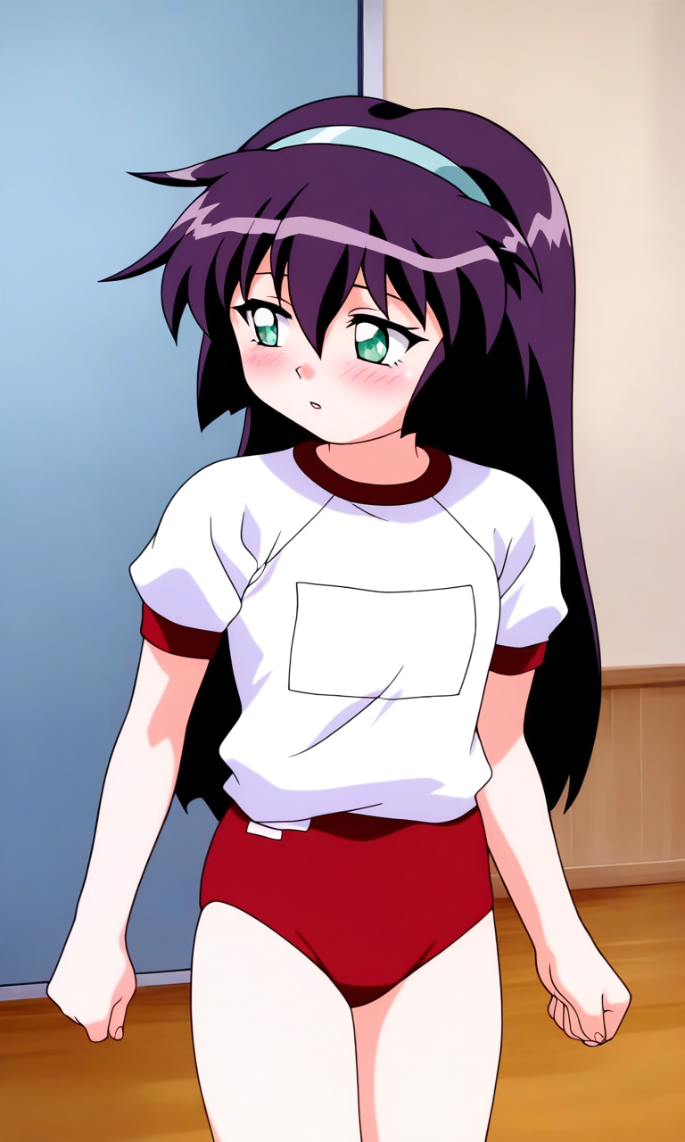 general,highres, ultra-detailed,very aesthetic,best quality ,best hands, BREAK  <lora:Amano_Misao_Pretty_Sammy_IS:1>
Amano_Misao, 1girl, solo, purple hair, long hair, bangs,  light blue hairband, green eyes,  hair between eyes, 
red buruma, parted lips, shirt, name tag, indoors, looking to the side, white shirt, blush, standing, gym shirt, looking away, open mouth,
