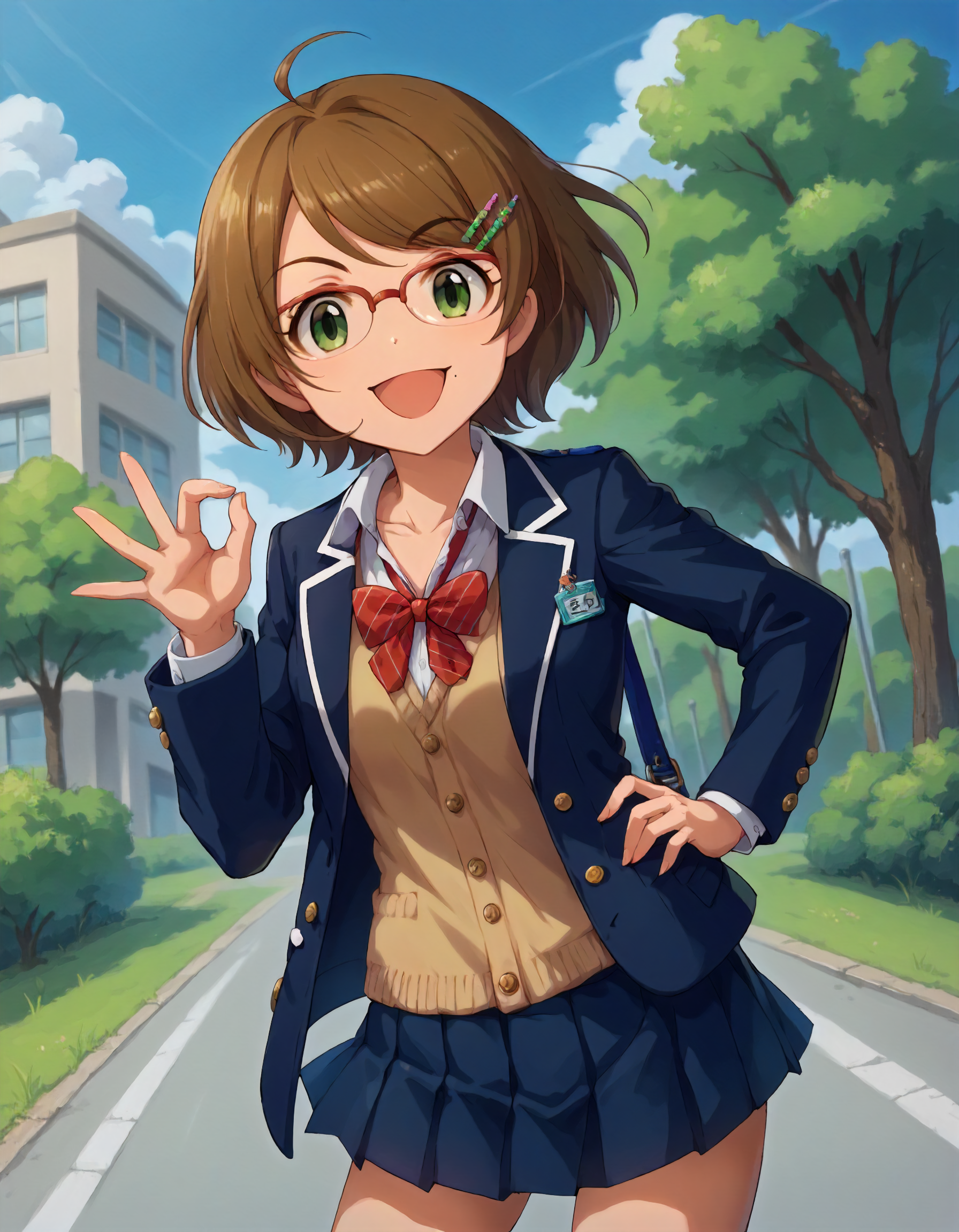 score_9,score_8_up,score_7_up,1girl,solo,cowboy shot,looking at viewer,smile,open mouth,ok sign,hand on hip,outdoors,
<lora:tsuchiyaako_ponyXLV6:0.8>,cgtak,
brown hair,short hair,ahoge,green eyes,over-rim eyewear,mole under mouth
school uniform,blazer,pleated skirt