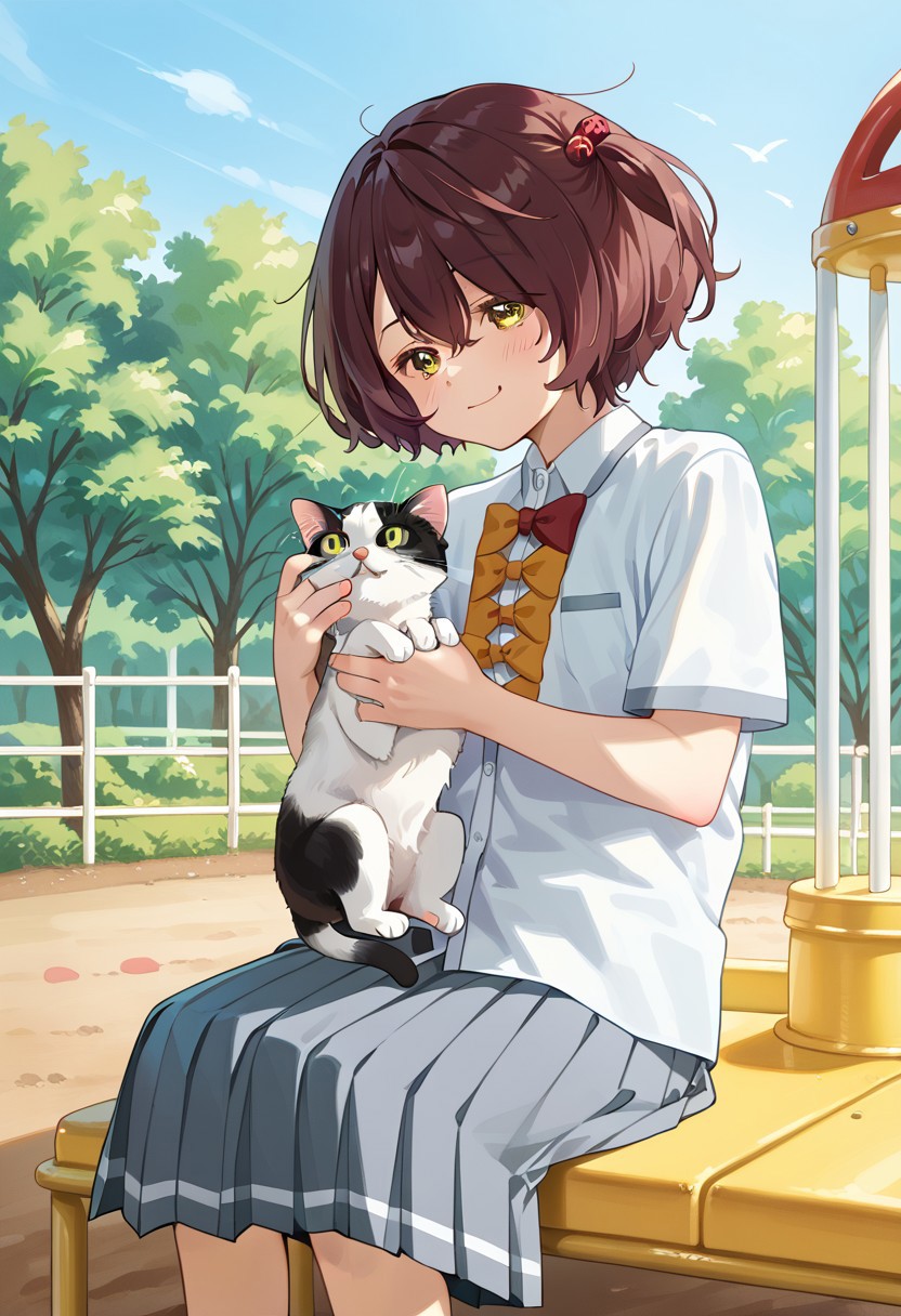 score_9, score_8_up, score_7_up, score_6_up, score_5_up, score_4_up, detailed eyes, detailed skin, source_anime, source_anime, masterpeice, best quality, very aesthetic, absurdres, BREAK, Komari_Chika, 1girl, yellow_eyes, brown_hair, short_hair, one_side_up, flat_chest, BREAK, yellow_eyes, brown_hair, short_hair, one_side_up, flat_chest, hair_bobbles, school_uniform, white_shirt, collared_shirt, bow, pleated_skirt, grey_skirt, short_sleeves, BREAK, outdoors, outside, playground, benach, cat, sitting, cat on lap, holding cat, joy, happy,