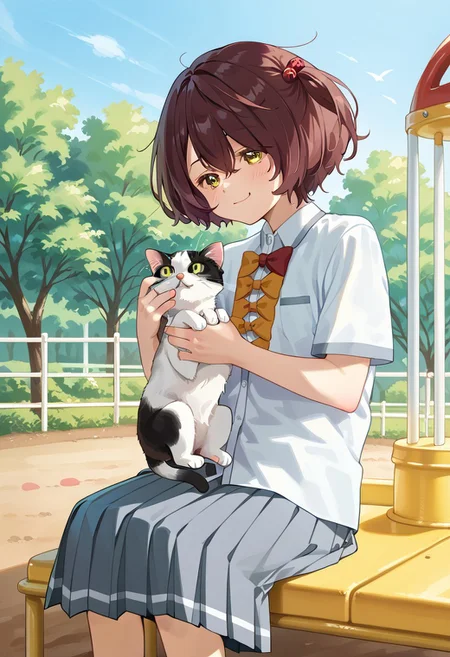 score_9, score_8_up, score_7_up, score_6_up, score_5_up, score_4_up, detailed eyes, detailed skin, source_anime, source_anime, masterpeice, best quality, very aesthetic, absurdres, BREAK, Komari_Chika, 1girl, yellow_eyes, brown_hair, short_hair, one_side_up, flat_chest, BREAK, yellow_eyes, brown_hair, short_hair, one_side_up, flat_chest, hair_bobbles, school_uniform, white_shirt, collared_shirt, bow, pleated_skirt, grey_skirt, short_sleeves, BREAK, outdoors, outside, playground, benach, cat, sitting, cat on lap, holding cat, joy, happy,