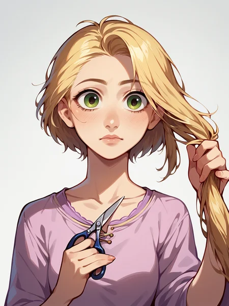 score_9, score_8_up, score_7_up, score_6_up,   <lora:cuth41r2:1> cutting hair, cuth41r, haircut, cut off hair, cutting hair, holding hair, holding scissors, 1girl, Rapunzel