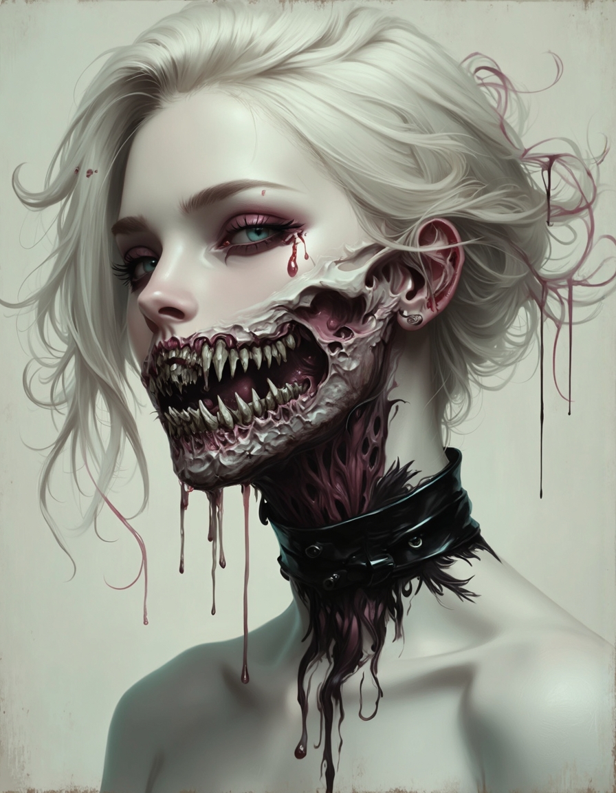 A surreal and nightmarish gothic horror illustration of a young woman whose face is split between ethereal beauty and grotesque corruption, her expression a mix of eerie serenity and morbid disintegration. Her soft platinum hair flows weightlessly, framing her face, where one side remains hauntingly human with smudged, bleeding pink eyeshadow and distant, unfocused eyes, while the other side transforms into a monstrous, melting mass of exposed bone, hollow cavities, and gnarled, skeletal teeth protruding from the rotting flesh. The decay spreads downward, dripping like a thick, tar-like substance from her jawline and throat, merging into the pitch-black choker wrapped tightly around her slender neck. Wisps of darkness curl from her corroded flesh, dissolving into the void-like background, a faded, desaturated canvas that enhances the eerie atmosphere. The overall aesthetic is both disturbingly macabre and elegantly tragic, capturing a moment of haunting metamorphosis between life and death.
 <lora:FluxDFaeTasticDetails:0.25> <lora:FluxF4ngs:0.5> <lora:realism_lora_comfy_flux_converted:0.75>