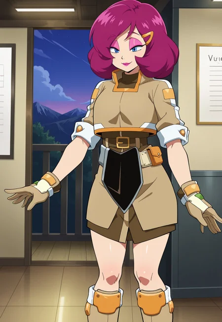 masterpiece,best quality,official style, anime screenshot, anime coloring, anime_style,
prof_tori, 1girl, solo, smile, blue eyes, hair ornament, hairclip, medium hair, belt, brown coat, makeup, brown boots, knee boots, brown gloves, sleeves rolled up, high collar, brown dress, magenta hair, lipstick, half-lidded eyes, pink eyelids
