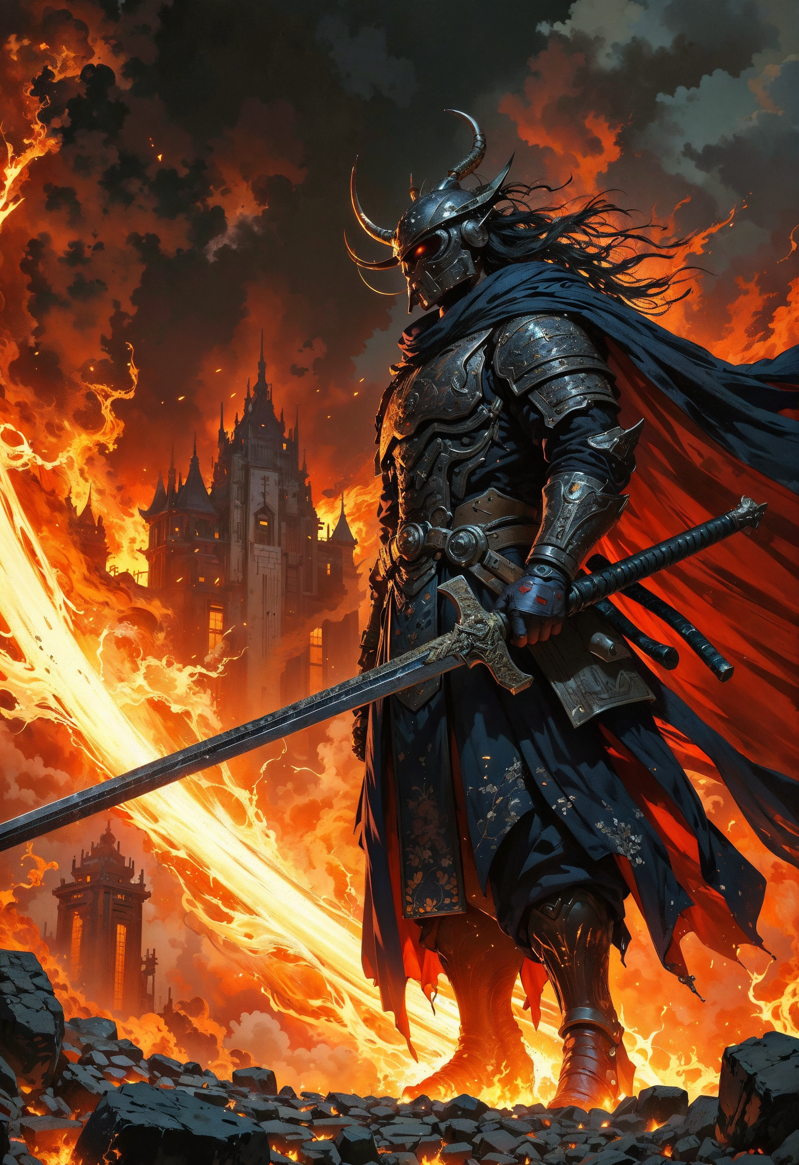 (in Otomo Katsuhiro style:1.4), high-quality, masterpiece, a Female warrior dragging a massive sword behind her, sparks flying as the sword scrapes the ground, Her face shows exhaustion but determination, Low-angle tracking shot, high contrast, set in a burning village with embers and ash swirling in the wind, The sword leaves a trail of fire in its wake, (elaborately detailed attire with extraordinary elements:1.1), (hyperdetailed:1.1), (intricate details:1.0), (Refined details:1.1), (best quality:1.1), (high resolution:1.2)