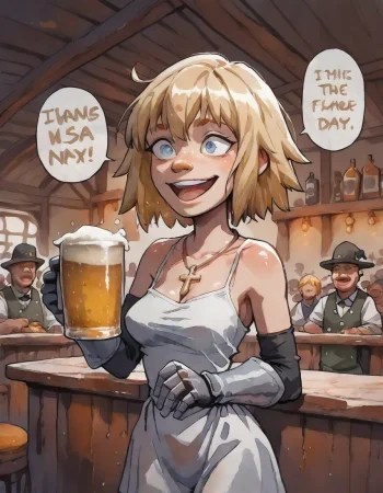 nsfw, highres, best quality, masterpiece, masterpiece, cinematic lighting,
\(comic:1.25\), \(Multi view, Frame, Text, speech bubble, focus line, vibrating line, motion blur, comic expression, Sound effect\),
Irish pub, warm lighting, wooden counter, neon beer signs, St. Patrickâs Day celebration,
1girl, petite, green dress, festive hat, flushed cheeks, clinking beer mugs, laughter, happy,
Panel 1: Crowded pub, people laughing, beer splashing as mugs clink.
Panel 2: Irish girl looking around, amused, holding a large frothy beer.
Panel 3: The bartender sliding a huge beer across the counter, foam dripping.
Panel 4: Close-up of golden beer, bubbles rising, warm glow.
Panel 5: A man and woman locking eyes, holding their drinks, smiling.
\(volumetric lighting, cinematic depth, pub ambiance, golden glow, warm colors\),
embedding:safe pos, p4st3lg0r3, Jeanne d'Arc, 19 years old female, teen, Blonde hair, Blue eyes, Long hair, fair skin, Silver armor, White dress, Cross necklace, Crown of thorns, Carries a flag, Wears gauntlets,
