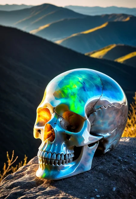 Fujifilm XT3, Sony A7 IV, (award winning photography) a marble skull made of opal set on a stone ledge in the early morning light, glistening. in the background beautiful valleys, divine iridescent glowing, opalescent textures, volumetric light, ethereal, sparkling, studio photo, highly detailed, sharp focus (highest quality: 1.39) (highest coherency: 1.39) (award winning photography), highly detailed photography, (muted colors, cinematic, dim colors, soothing tones:1.2), vibrant, insanely detailed, hyperdetailed, (dark shot:1.2), (vsco:0.3), (intricate details:0.9), (hdr, hyperdetailed:1.2) (vignette), sss