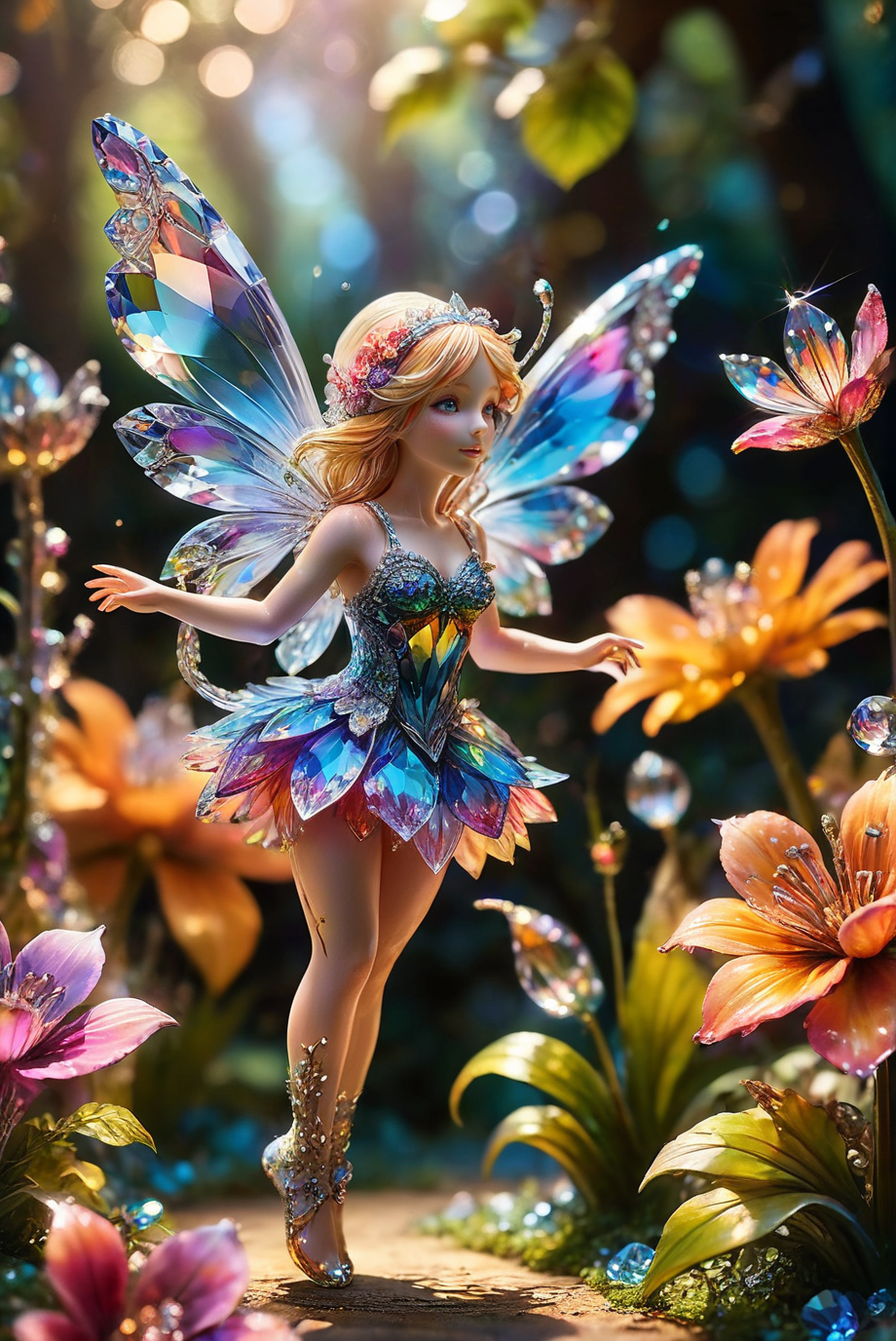 A close-up of a vibrant, colorful crystal flower with intricate, detailed petals. A fantastical and surreal scene featuring a tiny fairy, as small as a flower, flying and weaving through a lush flower bed. The fairy leaves a trail of magical light in its wake, adding to the enchanting atmosphere. The background is softly blurred, emphasizing the fairy and the vibrant, colorful flowers. The rich hues and whimsical nature of the scene create a dreamlike, otherworldly ambiance, making it appear as though it's straight out of a fairy tale.
tiny fairy, as small as a flower, flying, weaving, lush flower bed, magical light trail, vibrant, surreal, dreamy, fantastical, rich colors, enchanting, otherworldly, hyper-realistic, blurred background, whimsical, ethereal, fairy tale-like, detailed, captivating, vivid, nature-inspired, magical, luminous, sparkling.
<lora:ral-swarcrystl-sdxl:0.8> ral-swarcrystl,
<lora:add-detail-xl:1.0>,
<lora:EnvyBetterHiresFixXL01:1.0>,
<lora:extremely_detailed:1.0>, extremely detailed,
<lora:EldritchMixIllustration_1.1:0.25>,