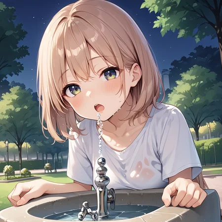 score 9,score_8_up,score_7_up,park,1girl,woman 
 <lora:drinking_fountain:0.8> drinking_fountain ,drink_water,  open mouth, faucet,
BREAK outdoors, park, night time, sweaty,